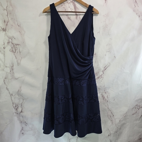 LRL Ralph Lauren Dress Women 18 1X Navy Ponte Lace Faux Wrap Plunge Ruched - Picture 1 of 14